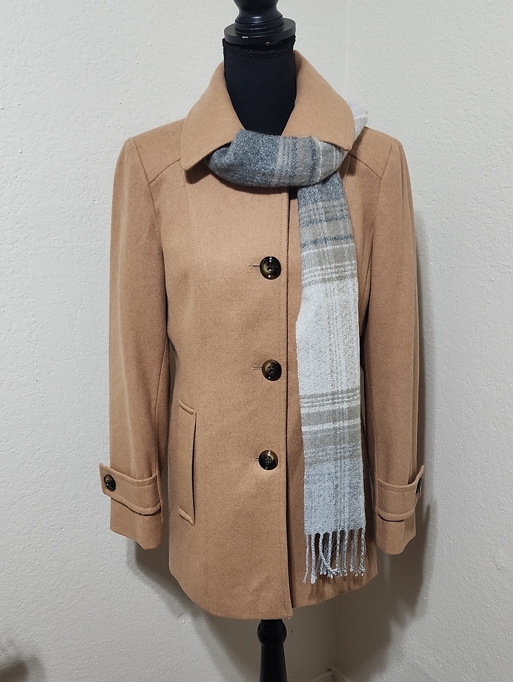 London Fog Camel Single-Breasted Wool Blend Pea Coat with Plaid Scarf - Sz Small